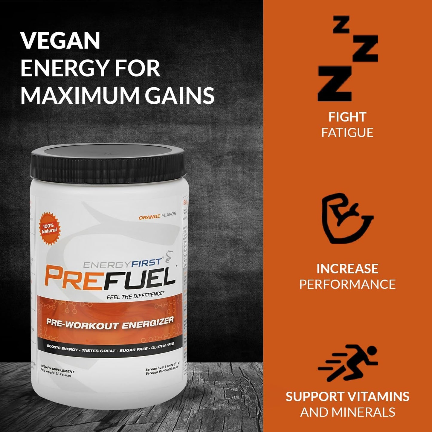 All-Natural Vegan Pre-Workout Powder with Immune Support and Orange Flavor - 30 Servings, Zero Sugar for Maximum Energy and Performance