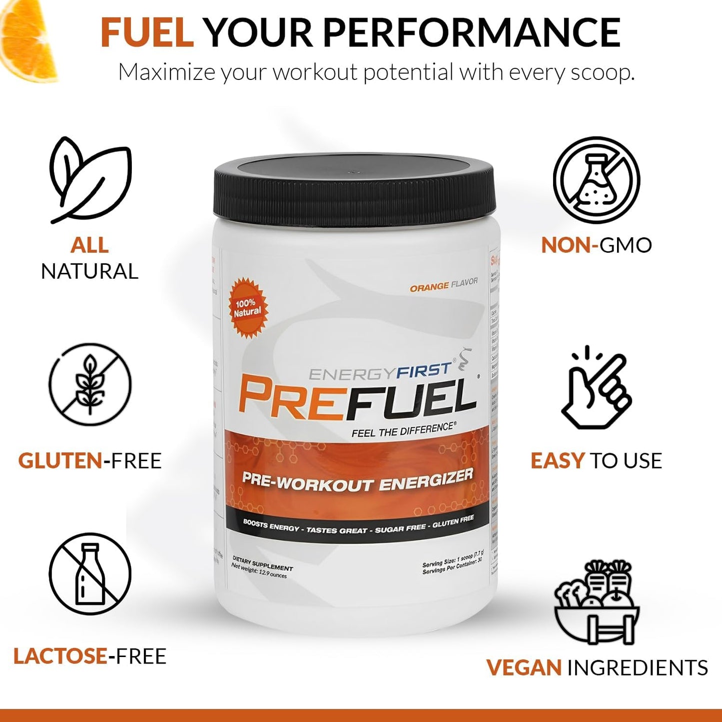 All-Natural Vegan Pre-Workout Powder with Immune Support and Orange Flavor - 30 Servings, Zero Sugar for Maximum Energy and Performance