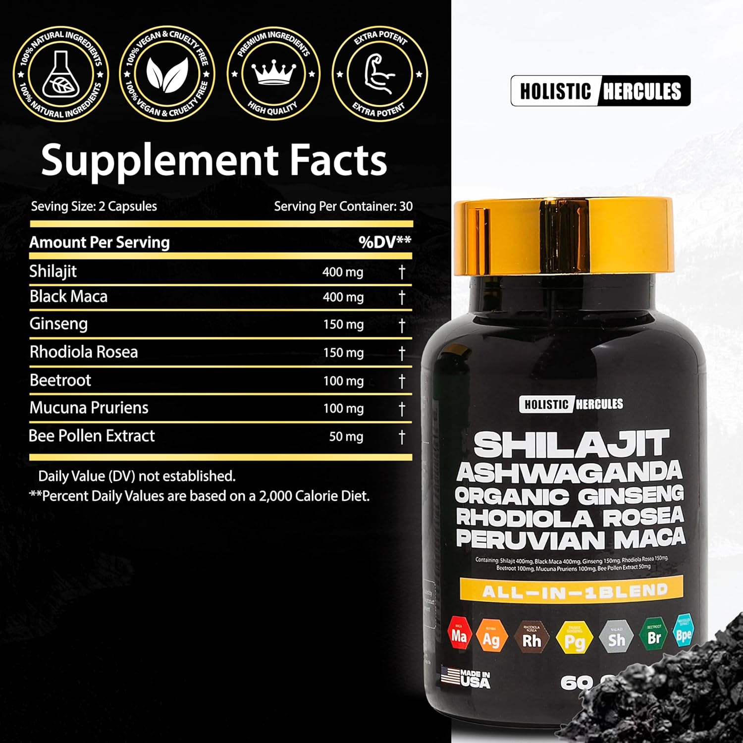 All-Natural Vitality Boost Supplement with 8 Powerful Ingredients, Including Shilajit