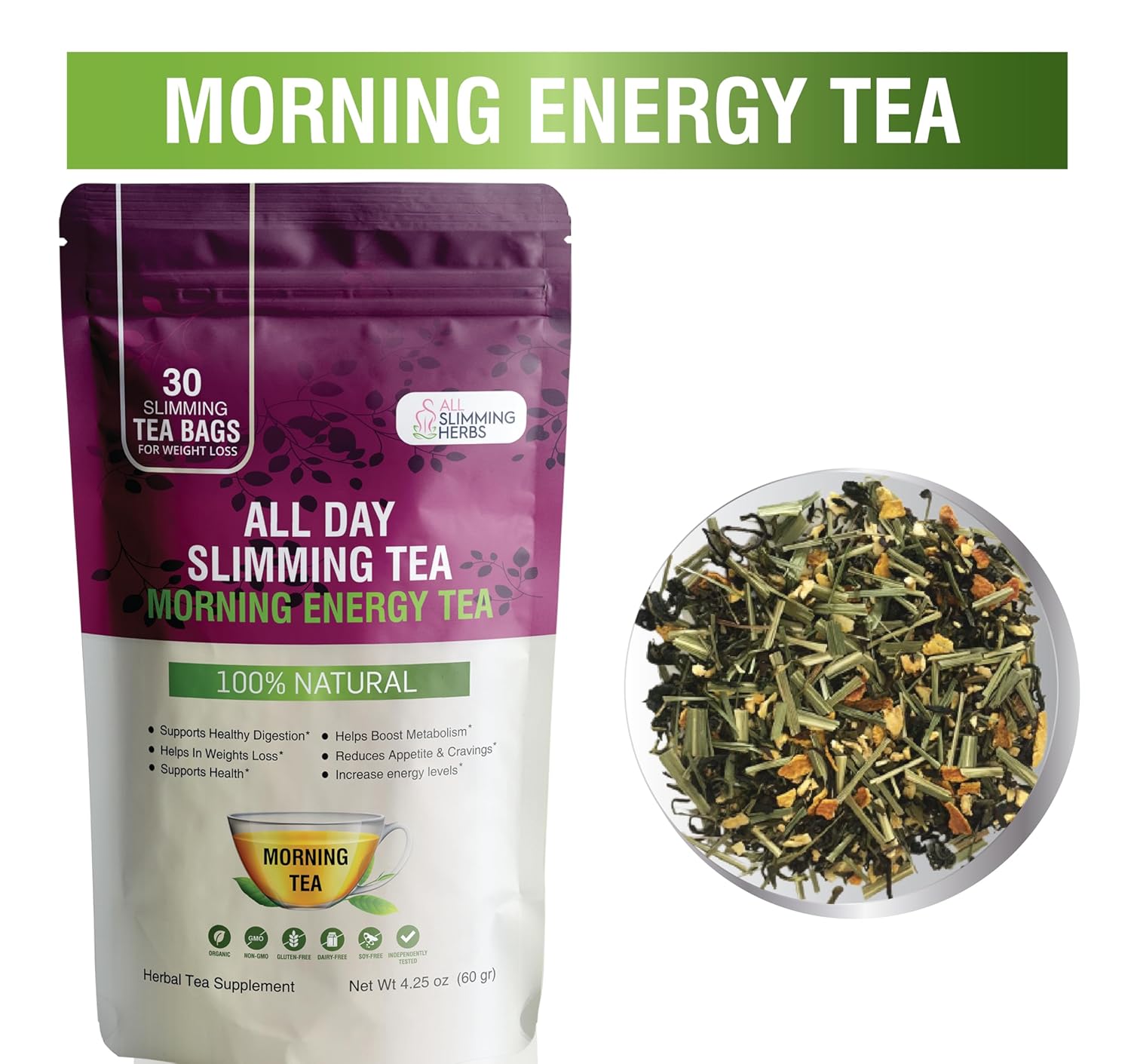 ALL SLIMMING HERBS All Day Slimming Tea For Daytime - 30 Days Supply - Boosts Metabolism & Skyrockets Energy Level