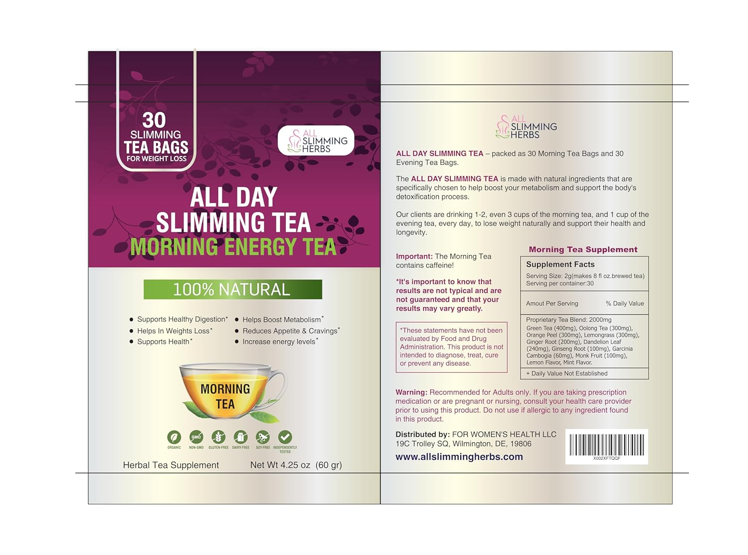 ALL SLIMMING HERBS All Day Slimming Tea For Daytime - 30 Days Supply - Boosts Metabolism & Skyrockets Energy Level
