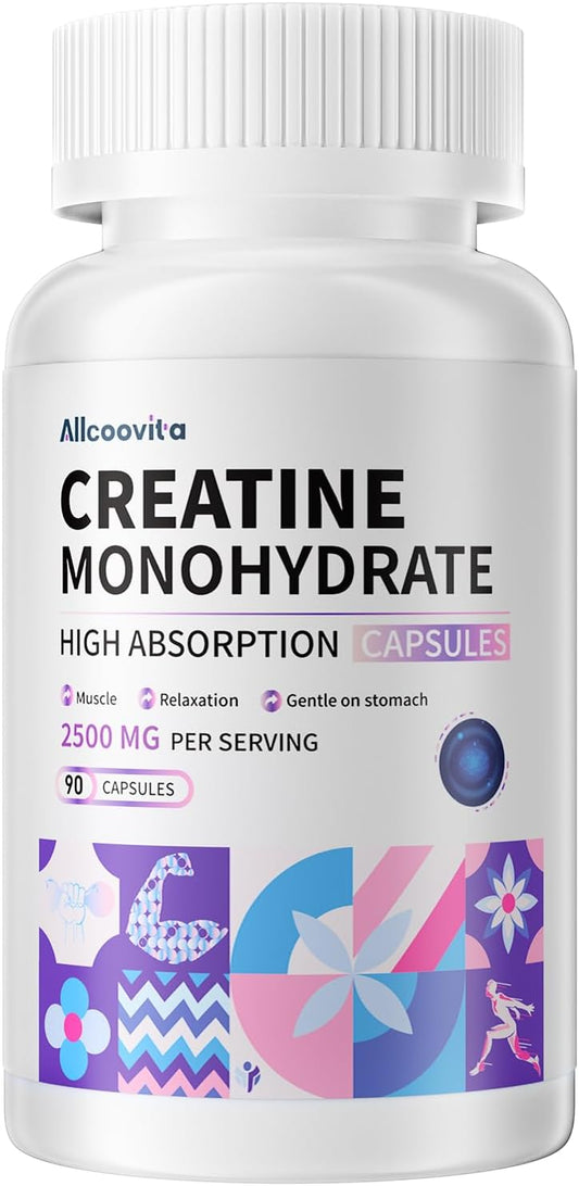 Allcoovita Creatine Monohydrate Capsules - 2500mg per Serving, 90 Gluten Free Capsules, 3 Capsules per Serving