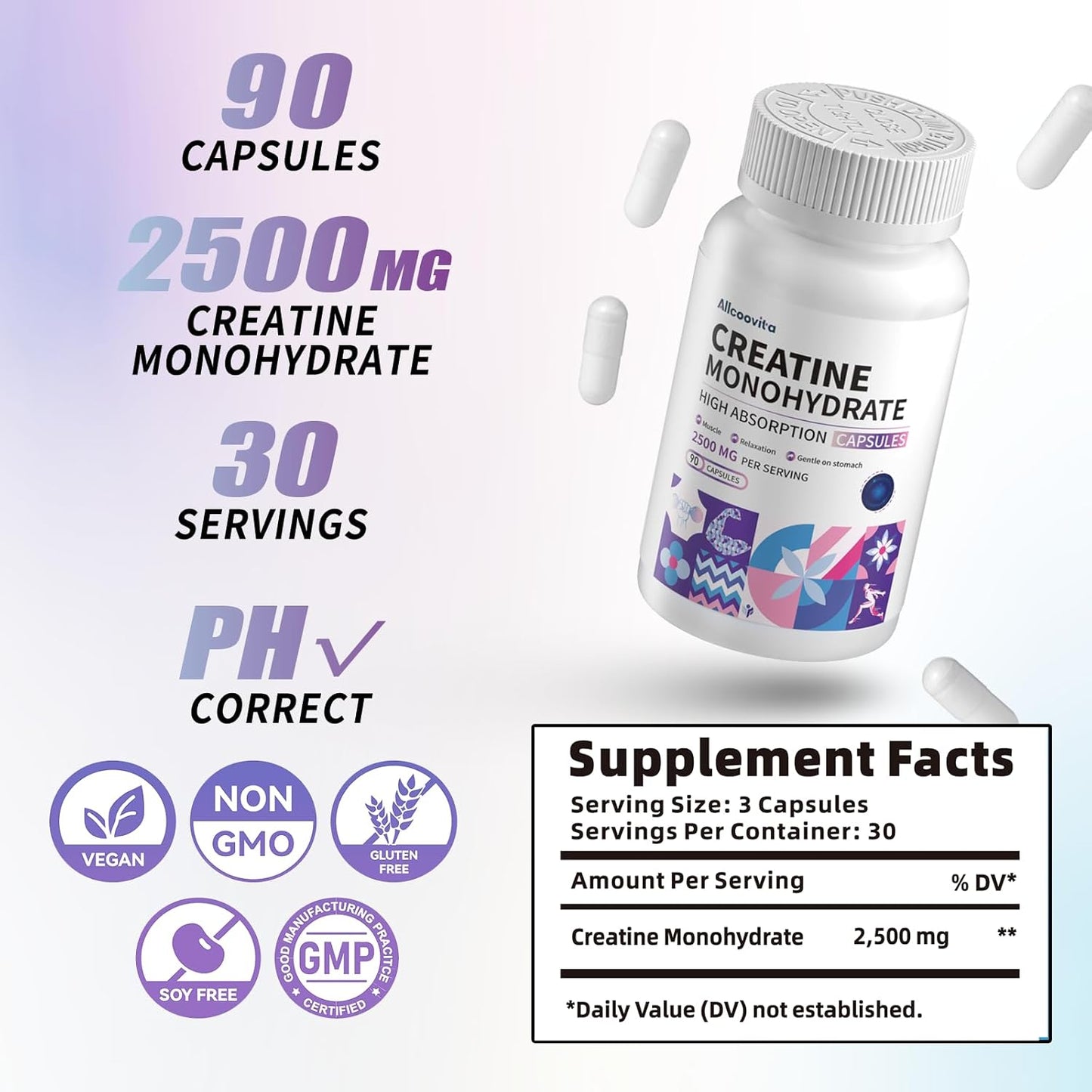 Allcoovita Creatine Monohydrate Capsules - 2500mg per Serving, 90 Gluten Free Capsules, 3 Capsules per Serving