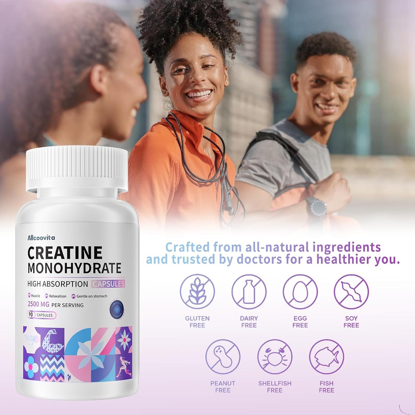Allcoovita Creatine Monohydrate Capsules - 2500mg per Serving, 90 Gluten Free Capsules, 3 Capsules per Serving