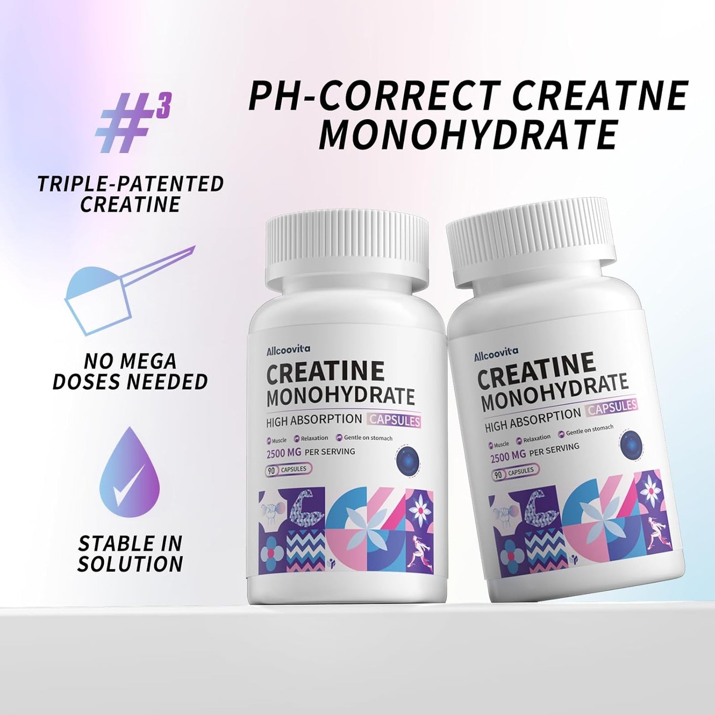 Allcoovita Creatine Monohydrate Capsules - 2500mg per Serving, 90 Gluten Free Capsules, 3 Capsules per Serving