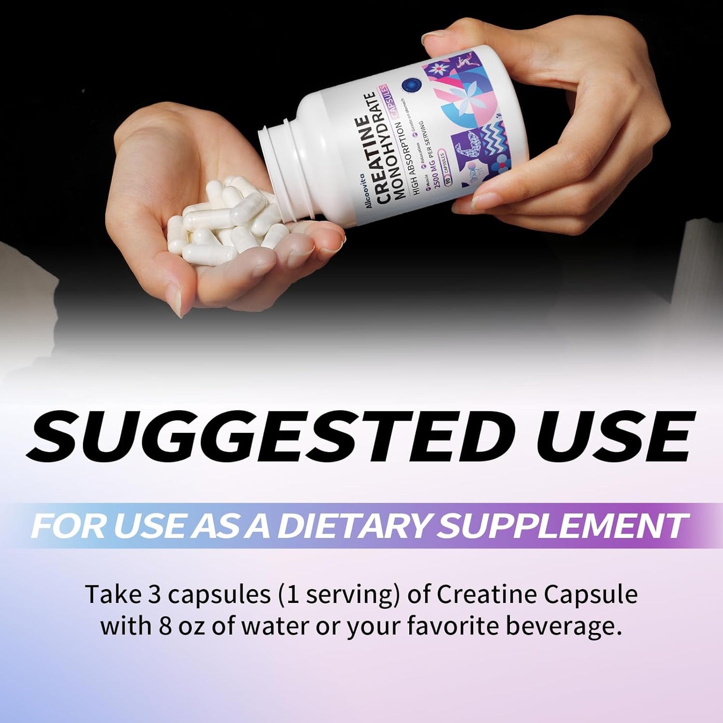 Allcoovita Creatine Monohydrate Capsules - 2500mg per Serving, 90 Gluten Free Capsules, 3 Capsules per Serving