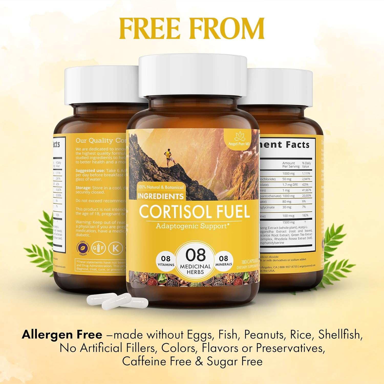 Allergen-Free Stress Relief Supplement with Magnesium, Ashwagandha, and Rhodiola for Cortisol Health, Energy, Mood, and Focus - 180ct