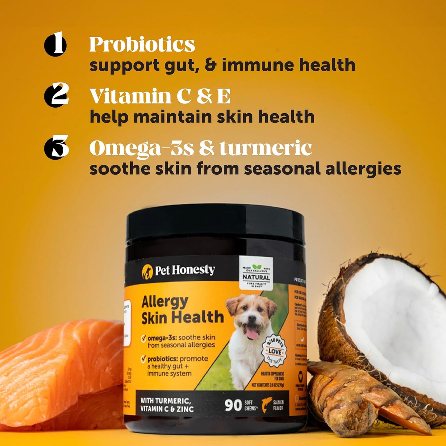 Allergy Itch Relief Soft Chews for Dogs - Fish Oil & Probiotics, Healthy Skin & Coat Supplement - 90 Ct Salmon Flavor