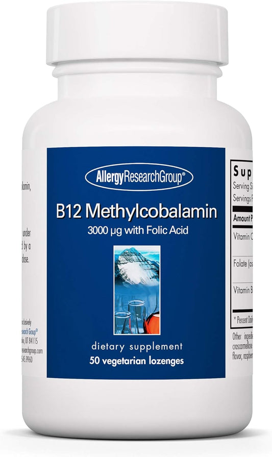 Allergy Research Group B12 Methylcobalamin Lozenges with Folate - 50 Count, Pure & Vegetarian - 400mcg Folic Acid, Vitamin B12 Supplement