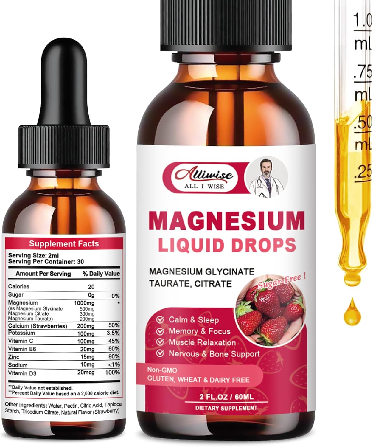 Alliwise High Absorption Magnesium Liquid Supplement with 1000MG Complex - Glycinate, Citrate, Taurate for Bio-Availability - Strawberry Flavor