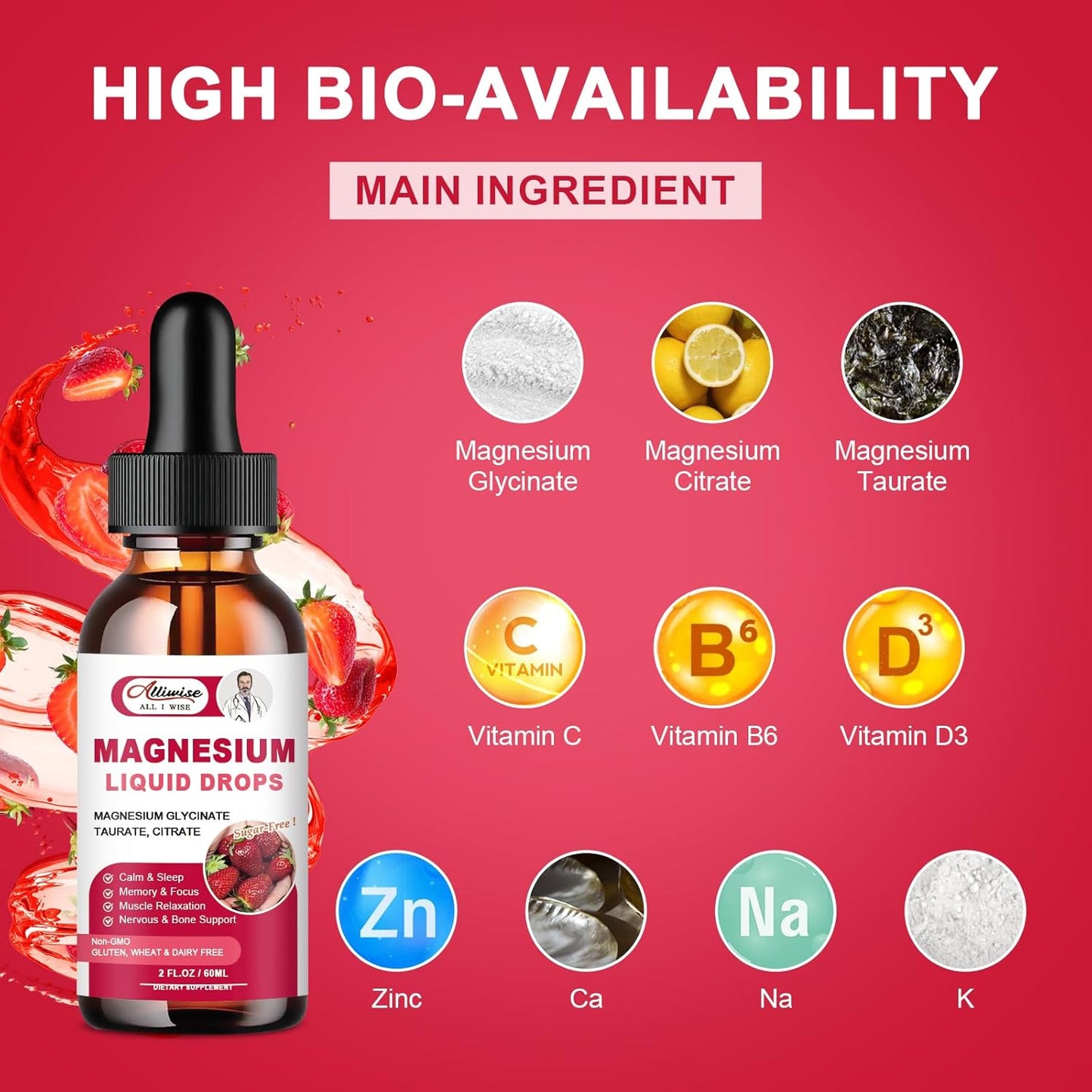 Alliwise High Absorption Magnesium Liquid Supplement with 1000MG Complex - Glycinate, Citrate, Taurate for Bio-Availability - Strawberry Flavor