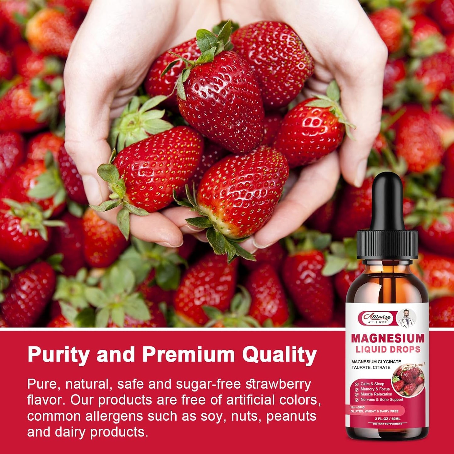 Alliwise High Absorption Magnesium Liquid Supplement with 1000MG Complex - Glycinate, Citrate, Taurate for Bio-Availability - Strawberry Flavor