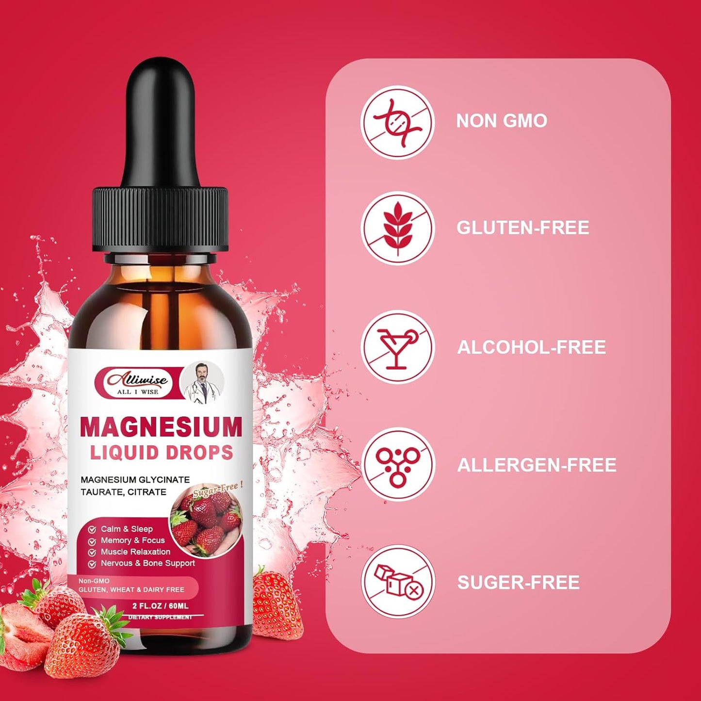 Alliwise High Absorption Magnesium Liquid Supplement with 1000MG Complex - Glycinate, Citrate, Taurate for Bio-Availability - Strawberry Flavor