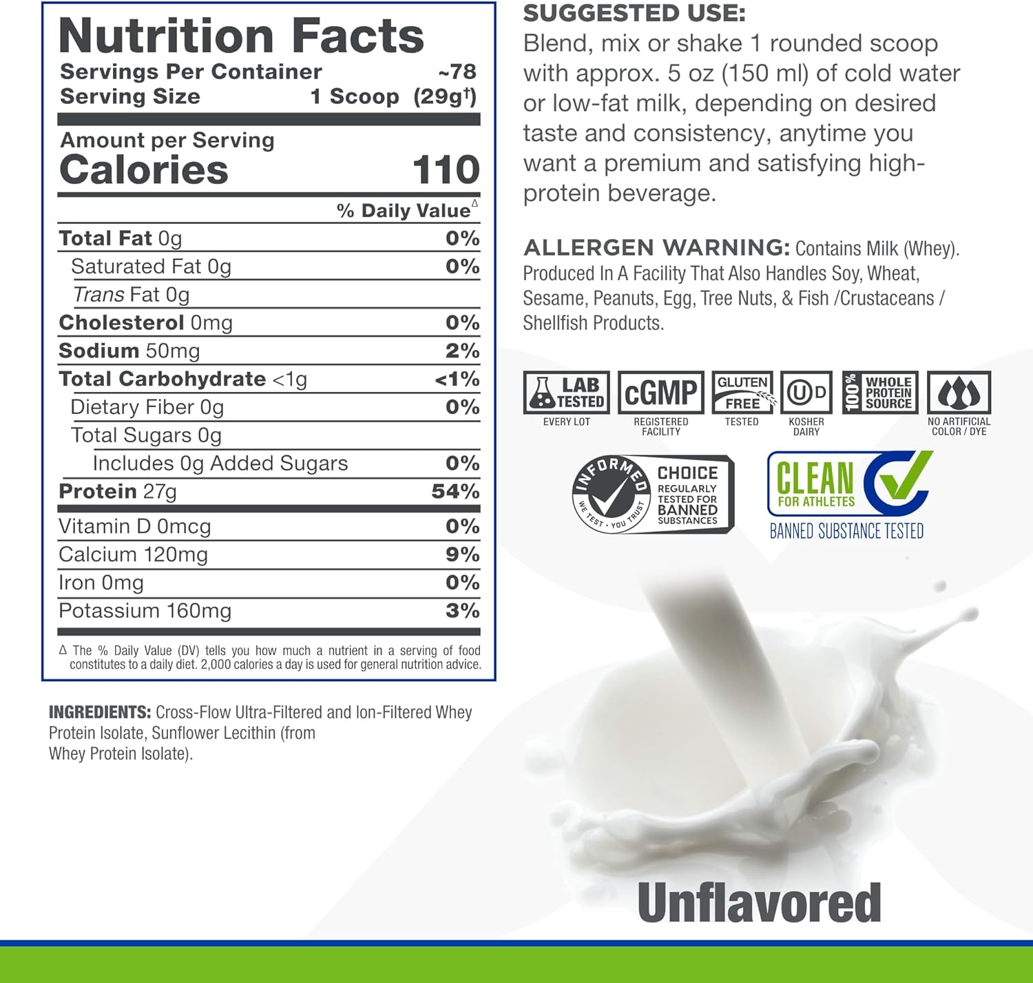 ALLMAX ISONATURAL Unflavored Whey Protein Isolate - 5 lb - 27g Protein Per Scoop - Zero Fat & Sugar - 99% Lactose Free - Prebiotics - No Artificial Flavors - 78 Servings