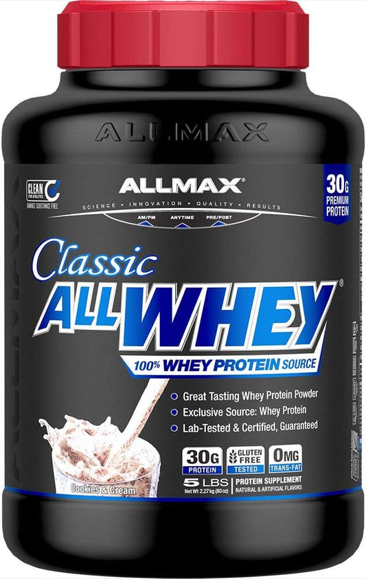 ALLMAX Nutrition AllWhey Classic Whey Protein - Cookies & Cream, 5 lbs - 24g Protein per Serving - Gluten Free - Approx. 49 Servings
