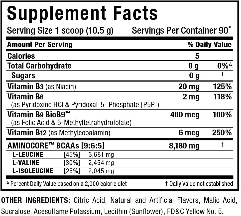ALLMAX Nutrition AMINOCORE BCAA Powder, Pineapple Mango Flavor - 945g - 8.18g BCAAs per Serving - Enriched with B Vitamins - No Fillers or Sugar - 90 Servings
