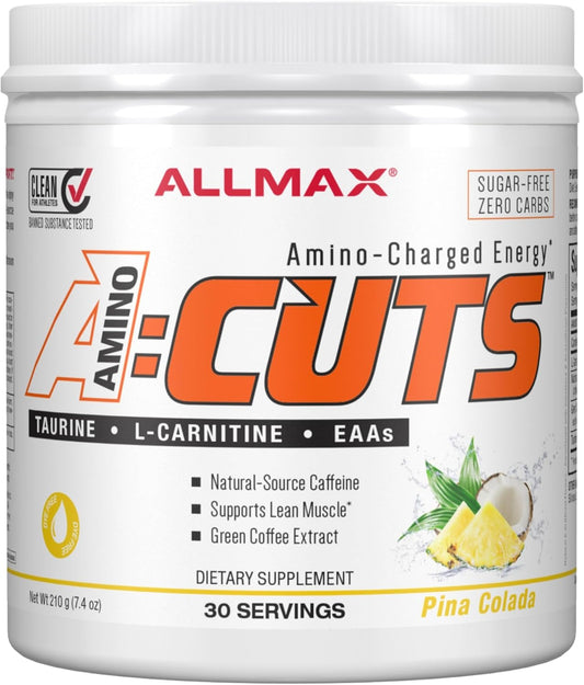 ALLMAX Nutrition AMINOCUTS (ACUTS) Energy Drink - Pina Colada Flavor with Taurine, L-Carnitine, Green Coffee Bean Extract - 30 Servings