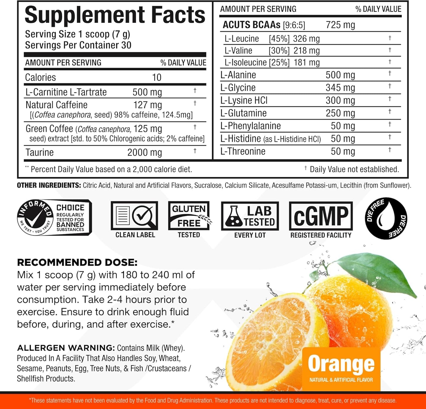 ALLMAX Nutrition AMINOCUTS Energy Drink with Taurine, L-Carnitine, Green Coffee Extract - Orange Flavor, 30 Servings