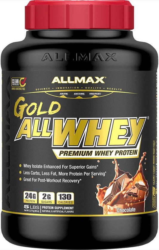 ALLMAX Nutrition Gold ALLWHEY Chocolate Protein Powder - 5 lb Tub - 24g Protein Per Serving - Gluten-Free, Low Carb, Low Sugar - 71 Servings