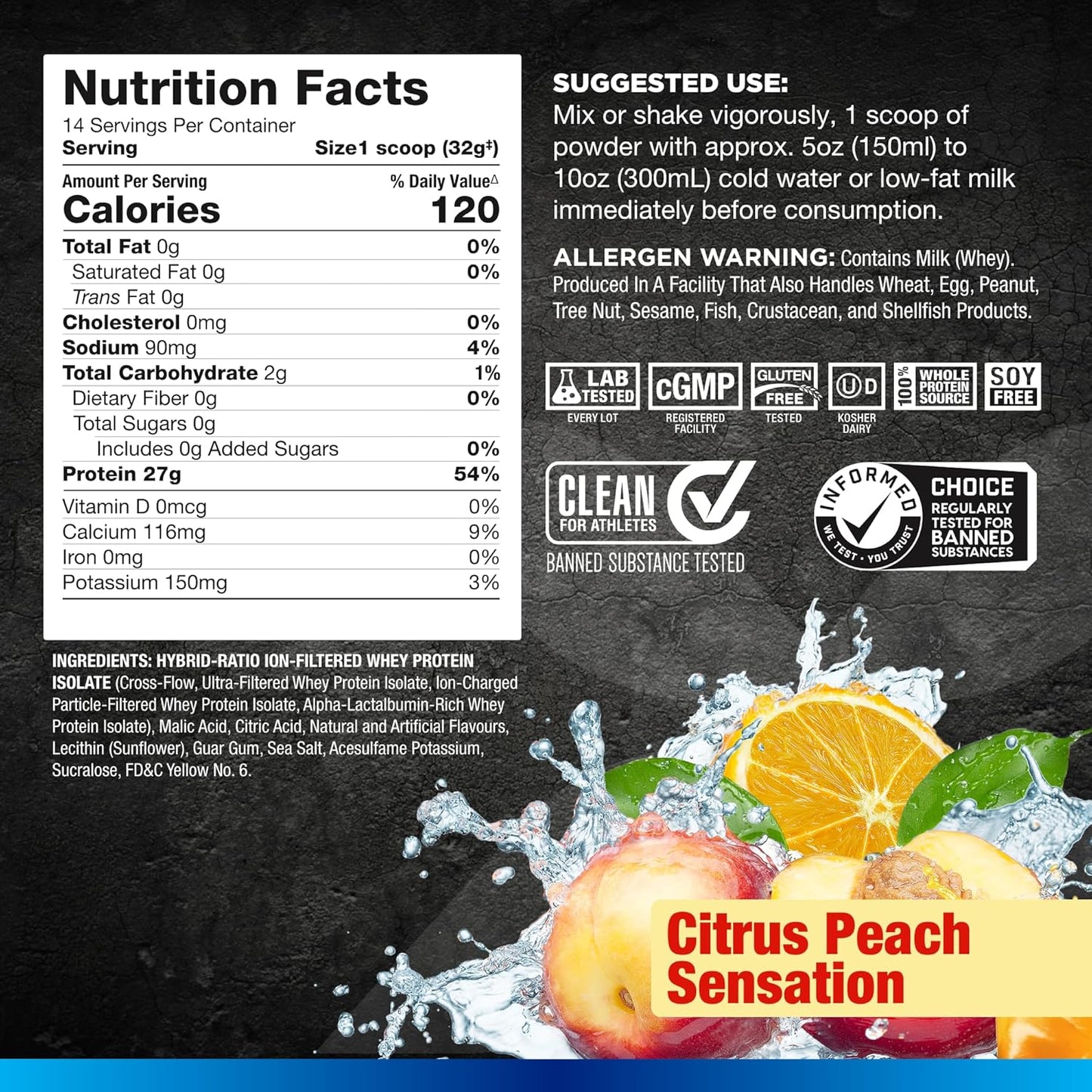 ALLMAX Nutrition ISOFLEX Chiller Citrus Peach Sensation Protein Powder - 1 lb - 27g Protein Per Serving - Zero Fat & Sugar - 99% Lactose Free - 14 Servings