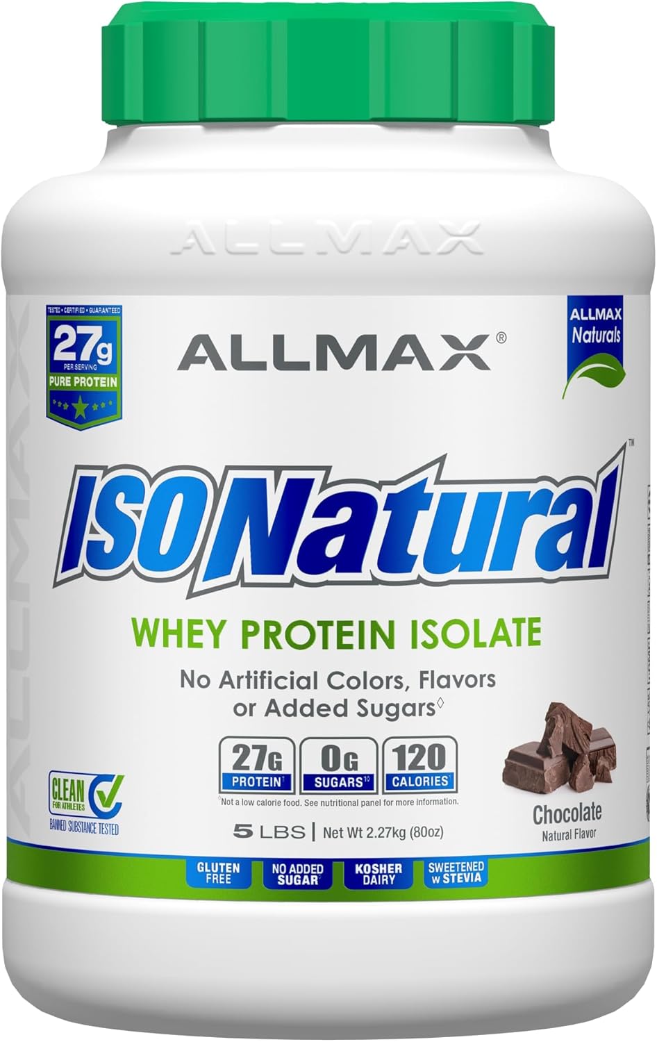 ALLMAX Nutrition ISONATURAL Chocolate Whey Protein Isolate - 5 lb - 27g Protein Per Scoop - Zero Fat & Sugar - 99% Lactose Free - Prebiotics - No Artificial Flavors - 73 Servings