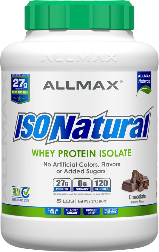 ALLMAX Nutrition ISONATURAL Chocolate Whey Protein Isolate - 5 lb - 27g Protein Per Scoop - Zero Fat & Sugar - 99% Lactose Free - Prebiotics - No Artificial Flavors - 73 Servings