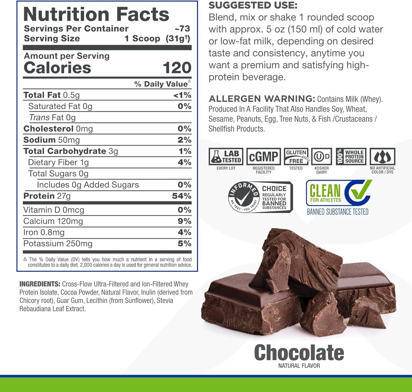 ALLMAX Nutrition ISONATURAL Chocolate Whey Protein Isolate - 5 lb - 27g Protein Per Scoop - Zero Fat & Sugar - 99% Lactose Free - Prebiotics - No Artificial Flavors - 73 Servings