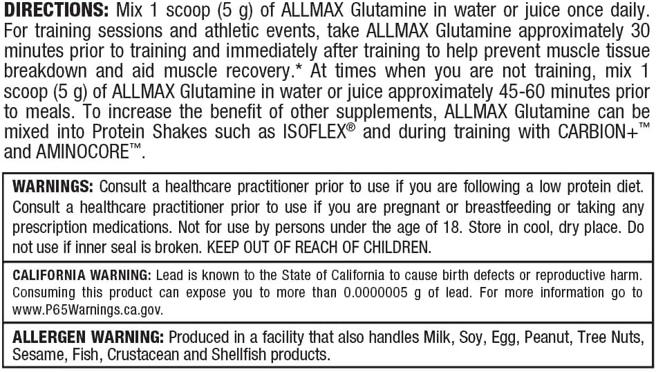 ALLMAX Nutrition L-Glutamine Powder for Muscle Recovery - Gluten Free & Vegan Formula, 400 Grams