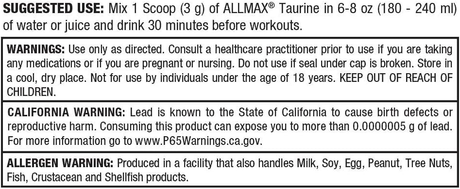 ALLMAX Nutrition Taurine Powder - 400g (14 oz) - Muscle Support and Energy Supplement