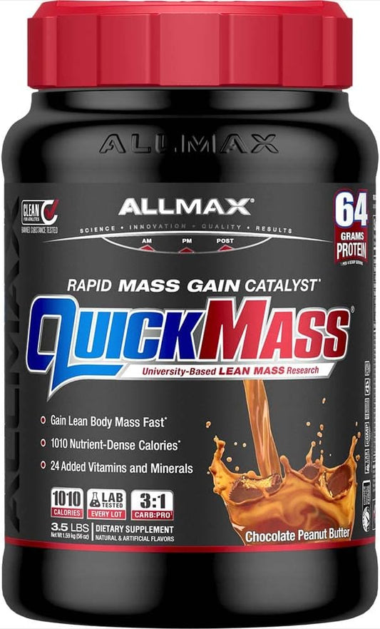 ALLMAX QUICKMASS Chocolate Peanut Butter 3.5 lb - High Protein Mass Gainer with 3:1 Carb to Protein Ratio - 24 Servings