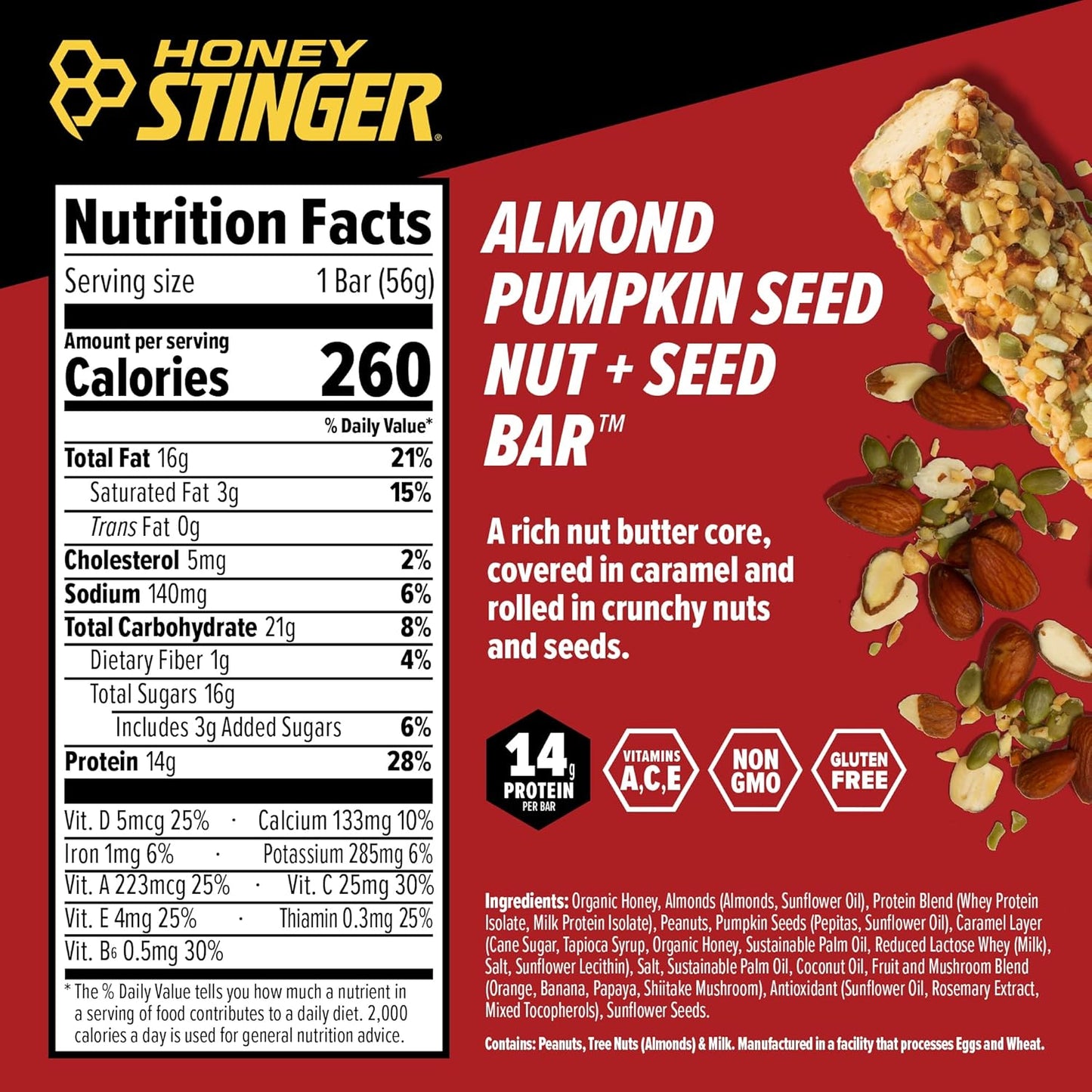 Almond Pumpkin Seed Honey Stinger Nut + Seed Bar - Protein-Packed Sports Nutrition Snack Bar for Exercise and Recovery - Box of 12