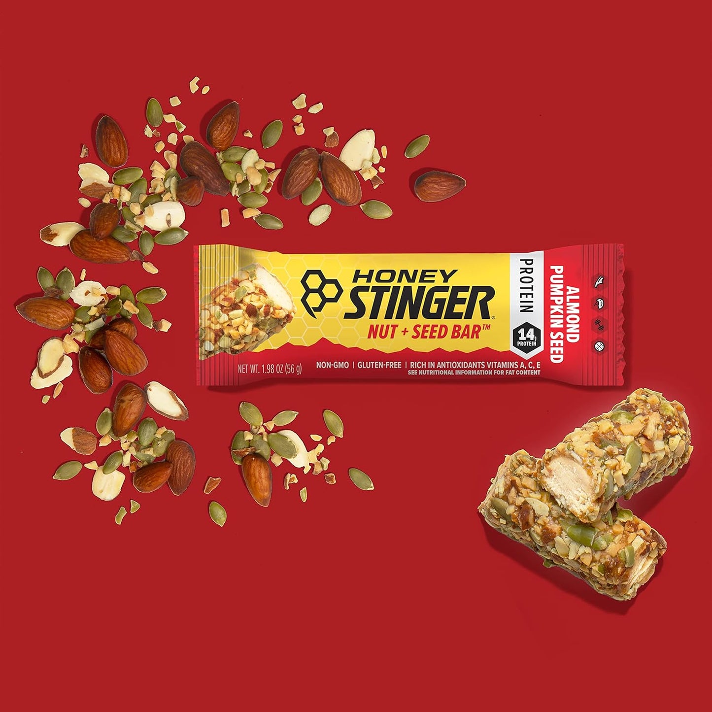 Almond Pumpkin Seed Honey Stinger Nut + Seed Bar - Protein-Packed Sports Nutrition Snack Bar for Exercise and Recovery - Box of 12
