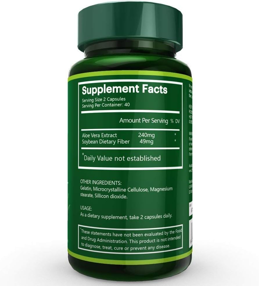 Aloe Vera Gel Extract Capsules with Soybean Fiber for Intestinal Cleanse - Improve Digestion & Constipation Relief - 80 Capsules