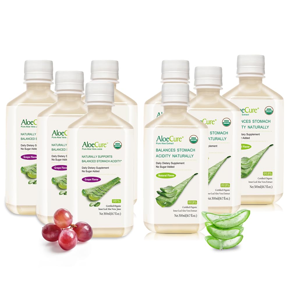 AloeCure Organic Aloe Vera Juice Sample Pack - 8 Bottles, Grape and Natural Flavor - 500ml Each