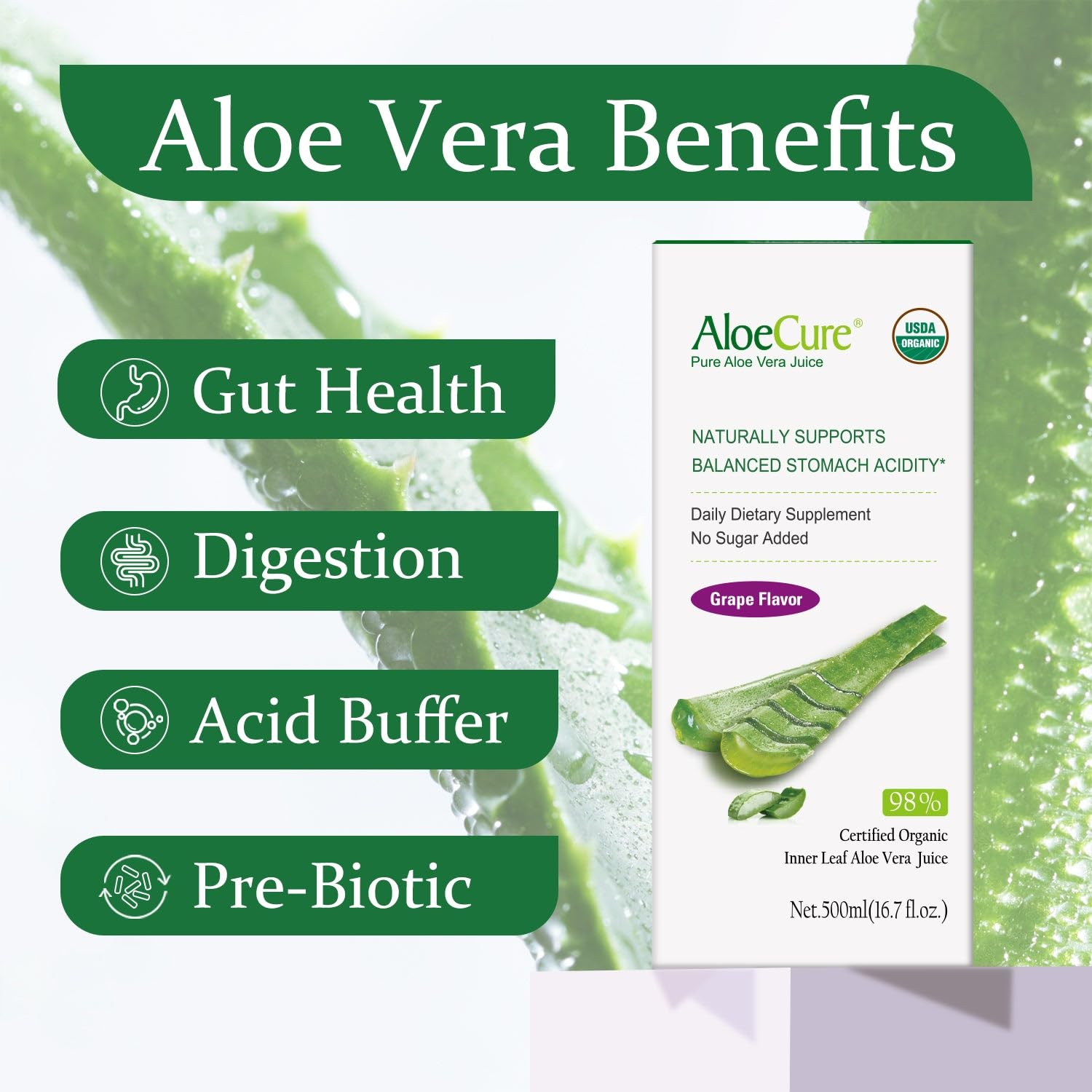 AloeCure Organic Aloe Vera Juice Sample Pack - 8 Bottles, Grape and Natural Flavor - 500ml Each