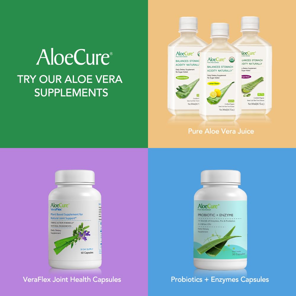 AloeCure Organic Aloe Vera Juice Sample Pack - 8 Bottles, Grape and Natural Flavor - 500ml Each