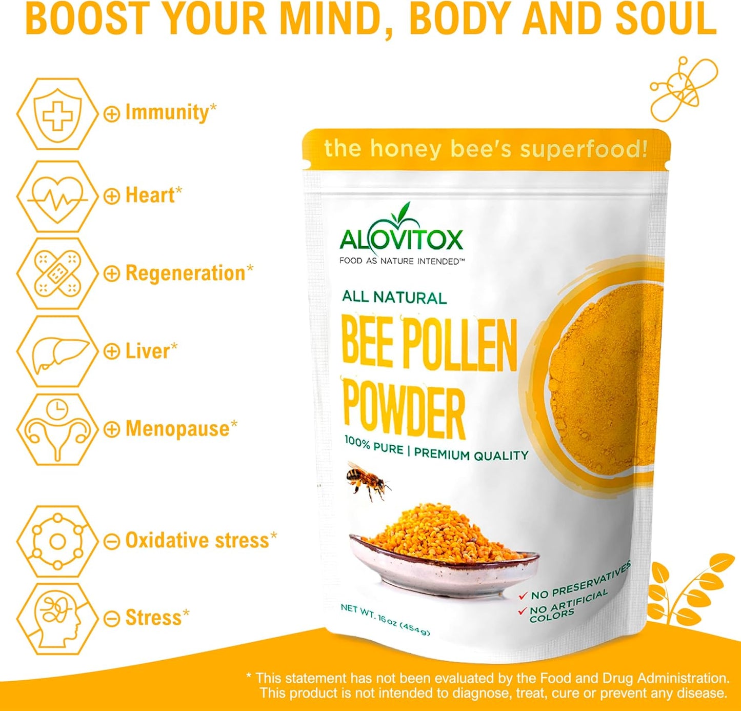Alovitox Fresh Bee Pollen Powder - 100% Pure Raw Supplement for Immune System Support - Rich in Proteins and Vitamins - Gluten Free, Non-GMO - 16 Oz