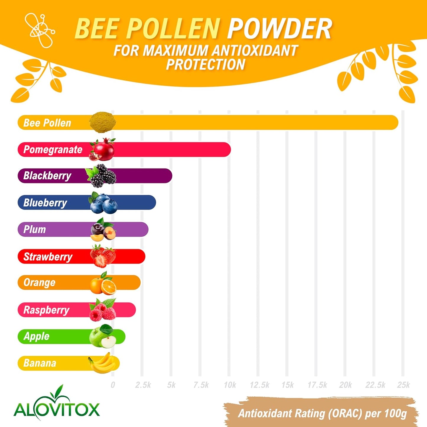 Alovitox Fresh Bee Pollen Powder - 100% Pure Raw Supplement for Immune System Support - Rich in Proteins and Vitamins - Gluten Free, Non-GMO - 16 Oz