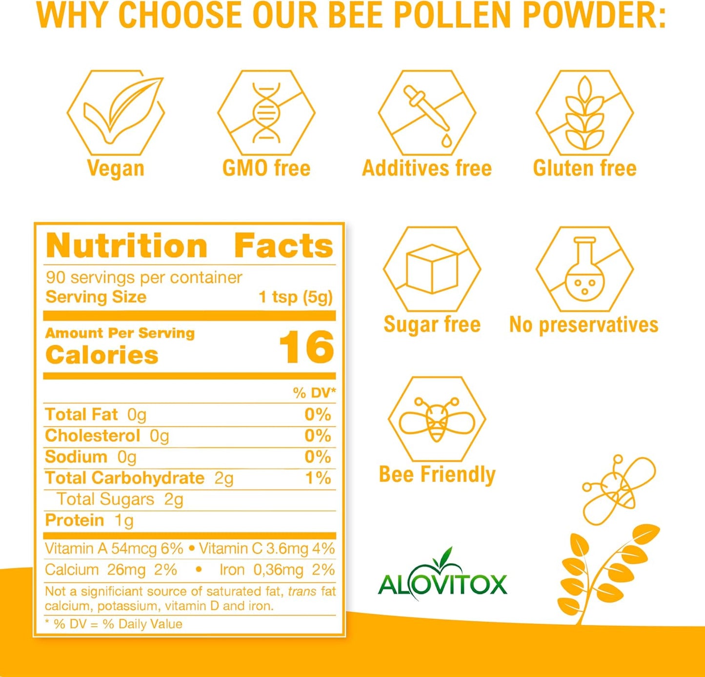 Alovitox Fresh Bee Pollen Powder - 100% Pure Raw Supplement for Immune System Support - Rich in Proteins and Vitamins - Gluten Free, Non-GMO - 16 Oz