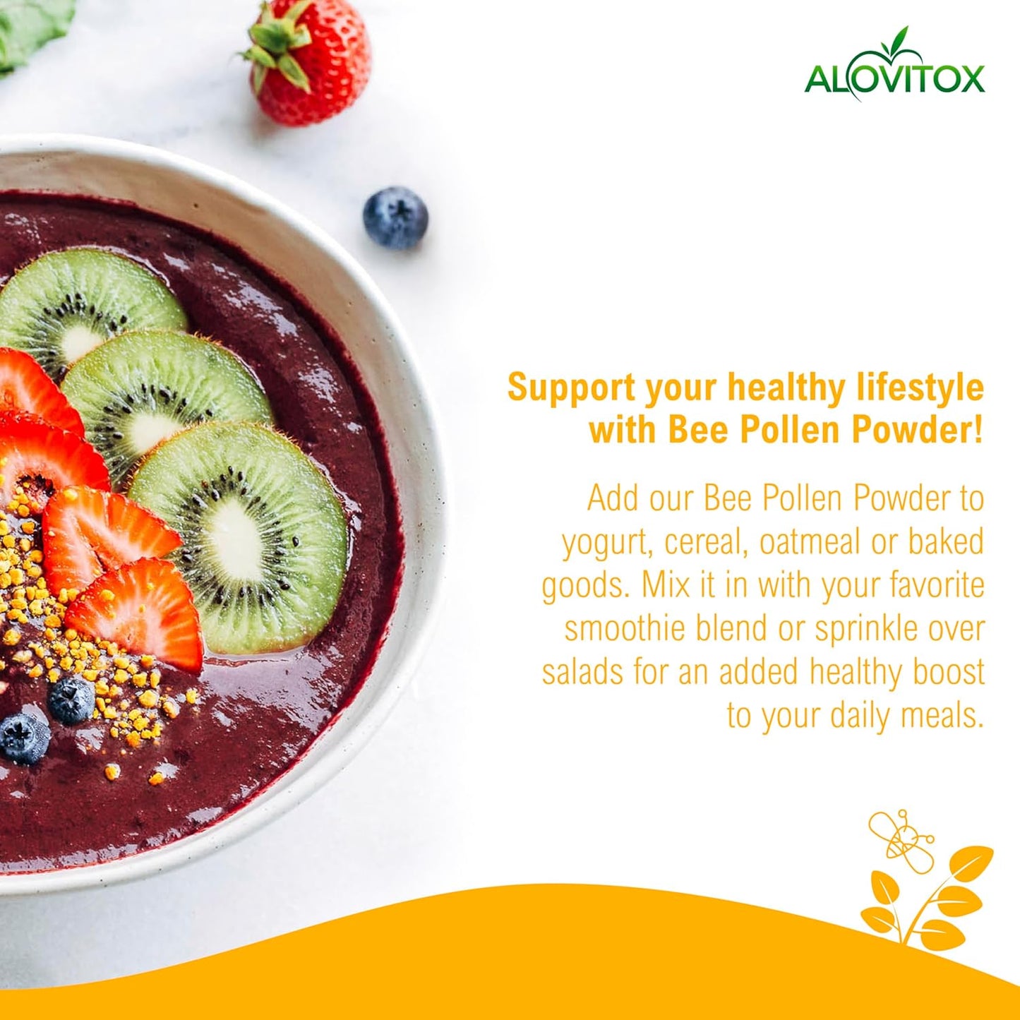 Alovitox Fresh Bee Pollen Powder - 100% Pure Raw Supplement for Immune System Support - Rich in Proteins and Vitamins - Gluten Free, Non-GMO - 16 Oz