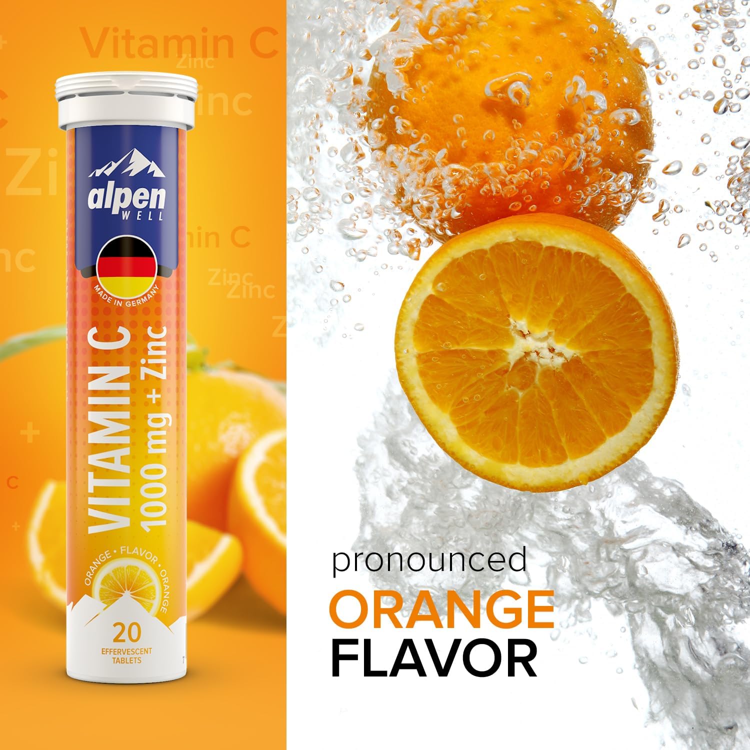 AlpenWell Vitamin C Zinc Immune Support Effervescent Tablets Orange Flavor Sugar Free