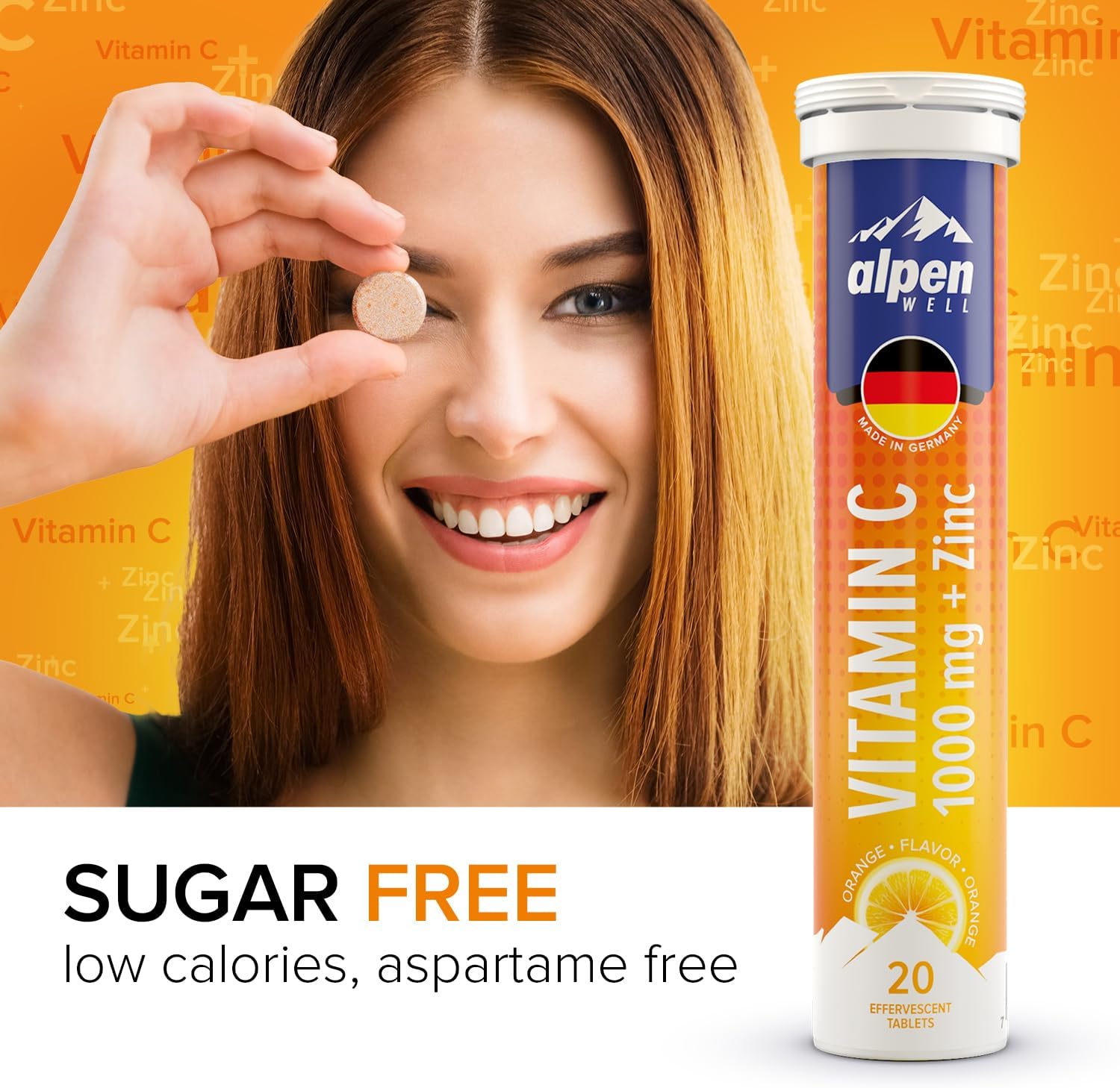 AlpenWell Vitamin C Zinc Immune Support Effervescent Tablets Orange Flavor Sugar Free