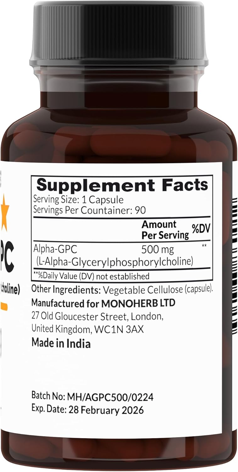 Alpha-GPC 500 mg Nootropic Supplement - 90 Vegan Capsules for Brain Support, Focus, Memory, Motivation, Energy Boost
