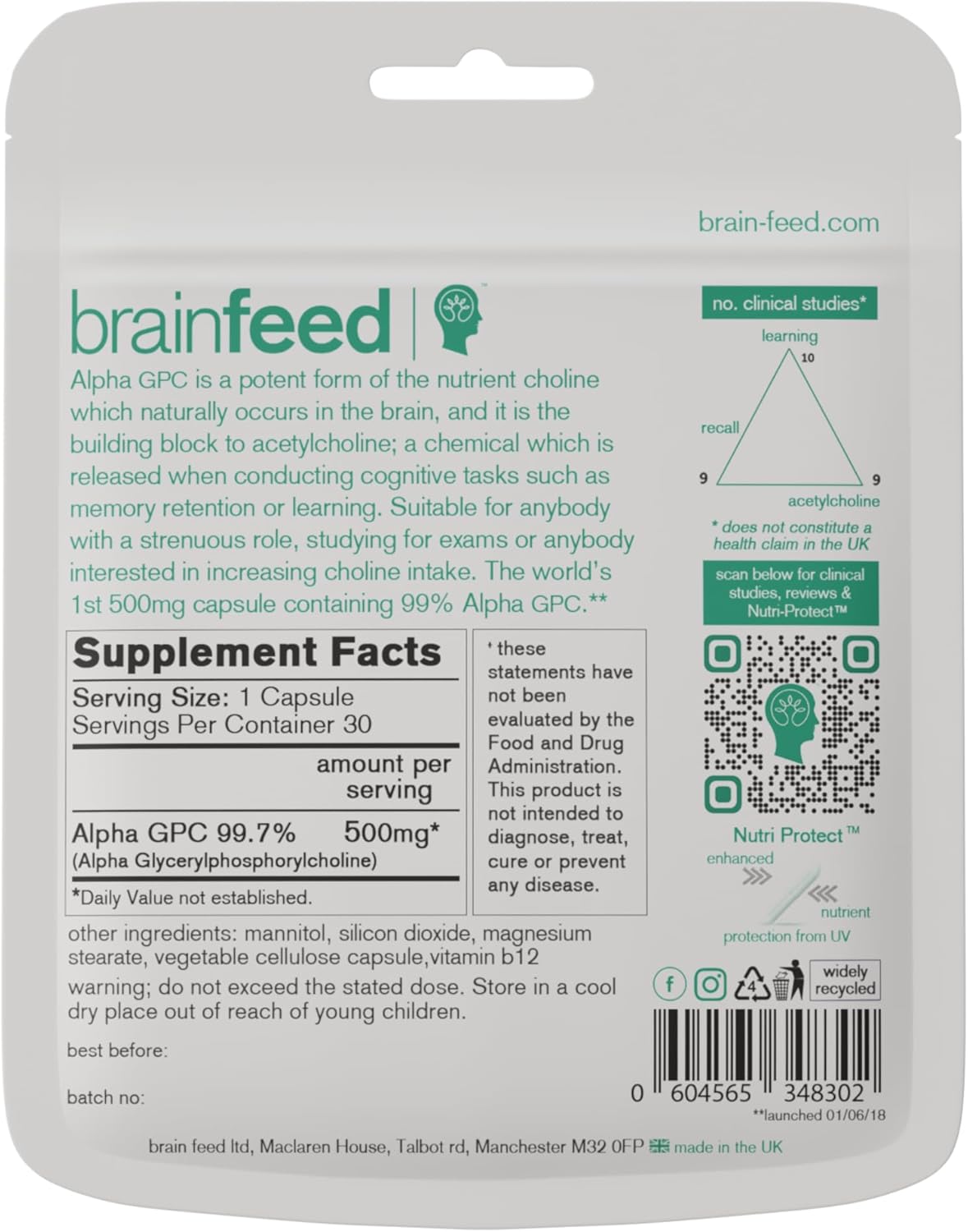 Alpha GPC Brain Supplement Capsules for Memory and Focus | 30 Day Supply | Nootropic Acetylcholine Precursor | Lab-Tested Brain Feed