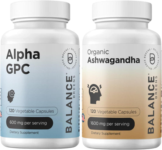 Alpha GPC Choline + Ashwagandha 600mg/1600mg Combo Supplement for Balance and Focus