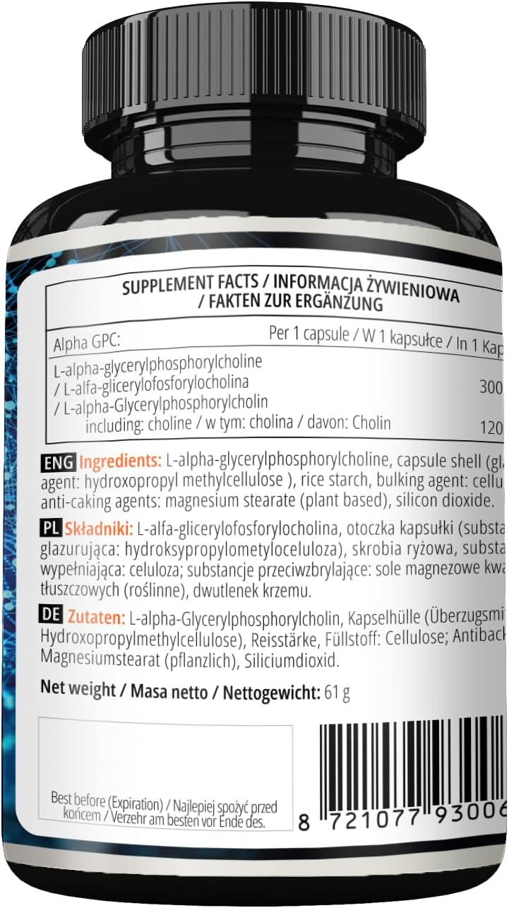 Alpha-GPC Choline Capsules - 600mg per Daily Dose - 90 Vegan Capsules - Memory and Concentration Supplement