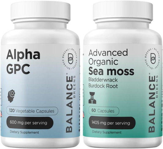 Alpha GPC Choline + Organic Irish Sea Moss Supplement Combo by Balancebreens - 600mg each