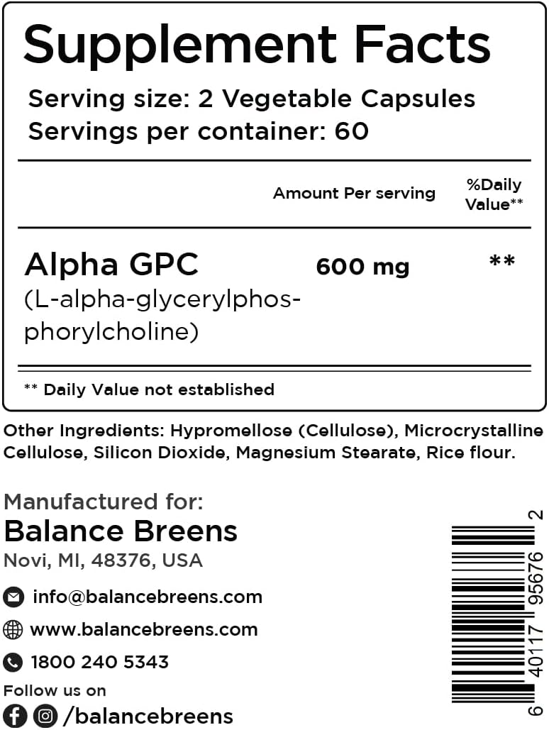 Alpha GPC Choline Supplement 600mg - Memory and Brain Support Formula with 120 Veg Capsules