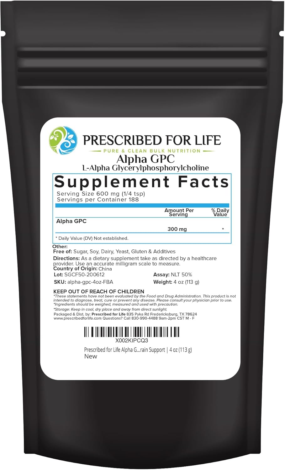 Alpha GPC Powder - Choline Supplement for Cognitive Function & Memory Support - Non GMO, Vegan, Soy Free - 4oz / 113g