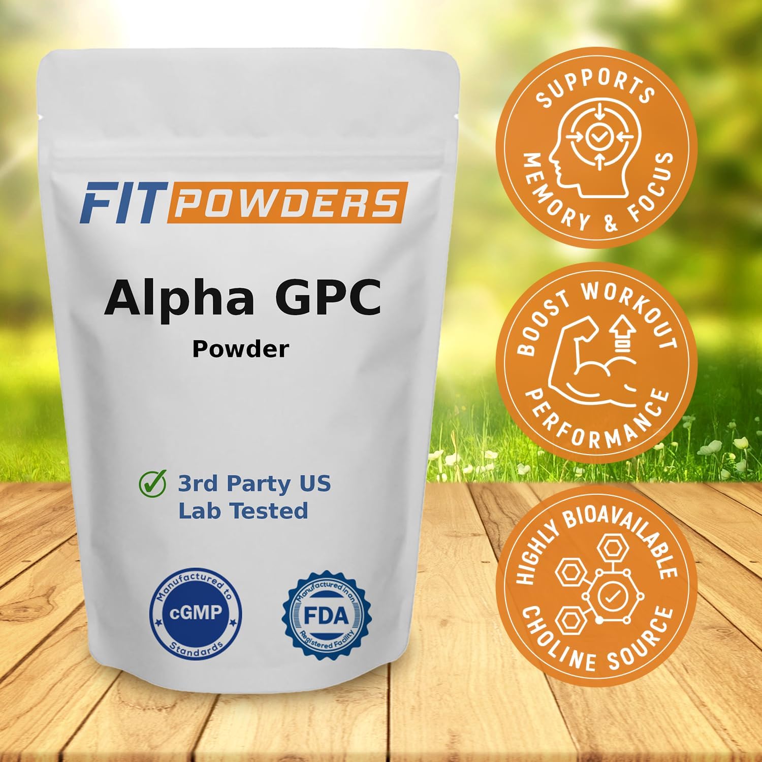 Alpha-GPC Powder 250g - Non-GMO Choline Supplement for Memory, Focus, and Pre-Workout - Vegan, Third Party Tested - Includes Scoop